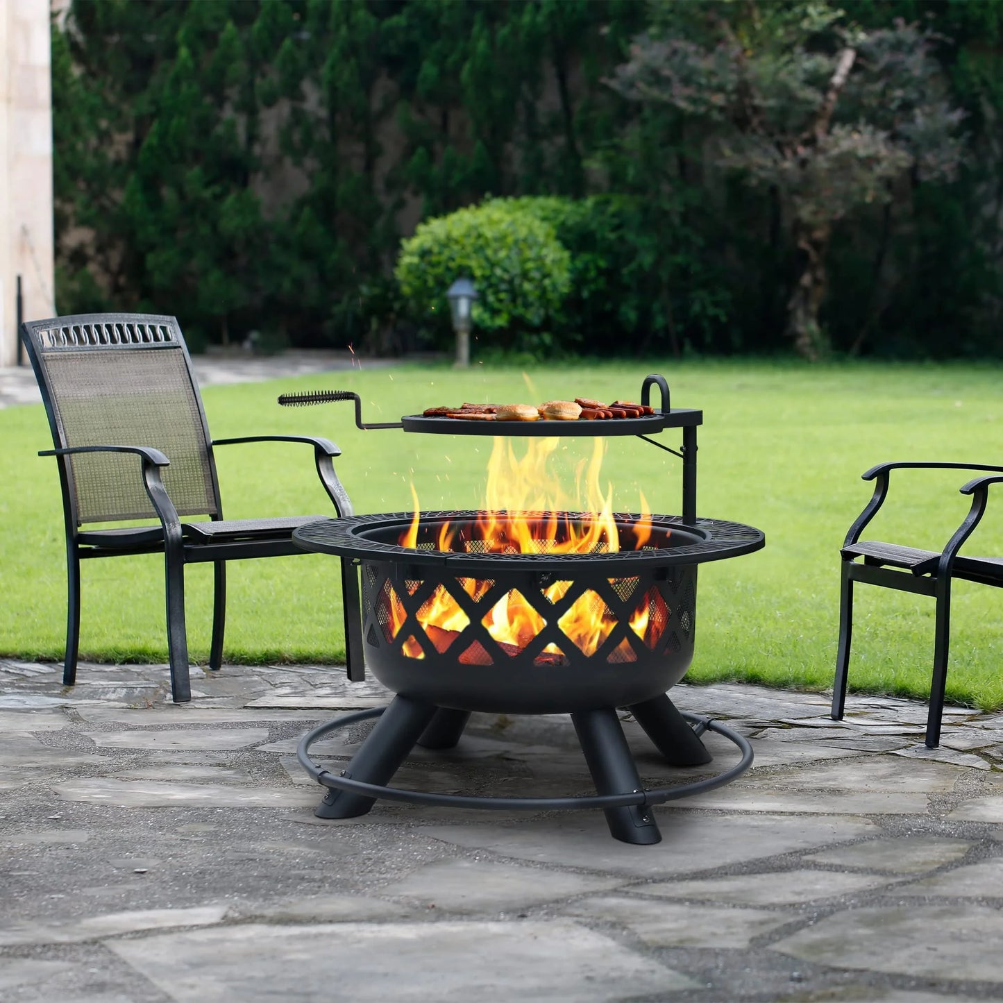 32 Inch Fire Pit with Poker, Wood Burning Fire Pit Patio for outside with Grill