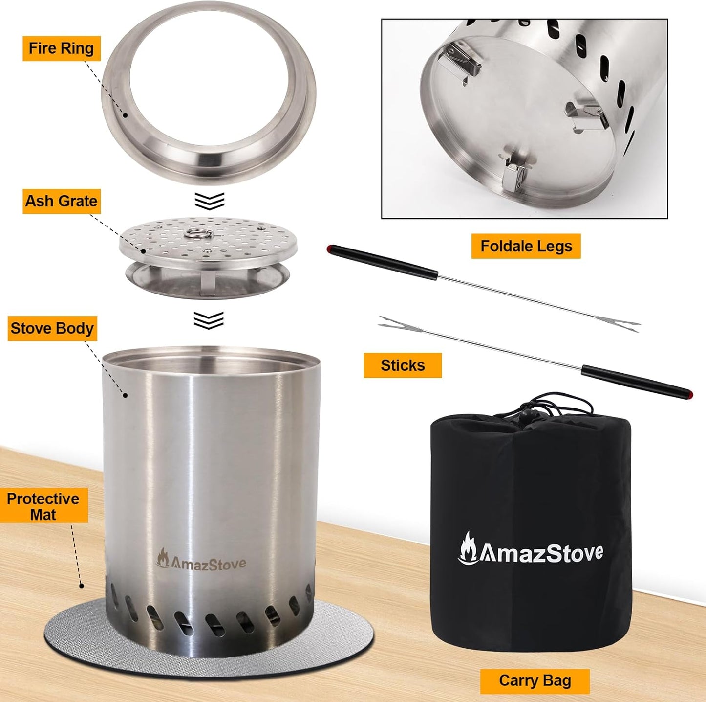 9.7 X 7.1 Inch Tabletop Fire Pit by , Low Smoke Camping Stove for Outdoor Safe Burning Firepits, Fueled Pellets or Wood, Travel Bag Included (Silver, 9.7 X 7.1 INCH)