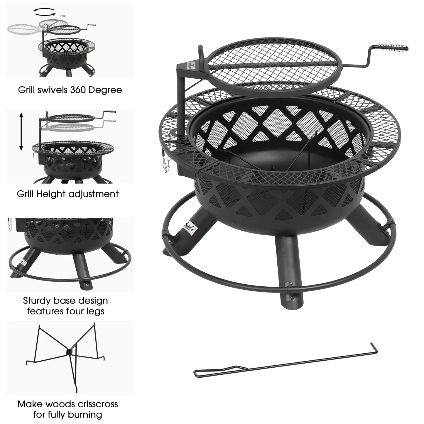 32 Inch Fire Pit with Poker, Wood Burning Fire Pit Patio for outside with Grill