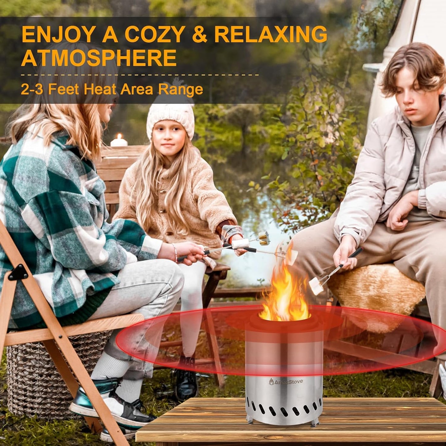 9.7 X 7.1 Inch Tabletop Fire Pit by , Low Smoke Camping Stove for Outdoor Safe Burning Firepits, Fueled Pellets or Wood, Travel Bag Included (Silver, 9.7 X 7.1 INCH)