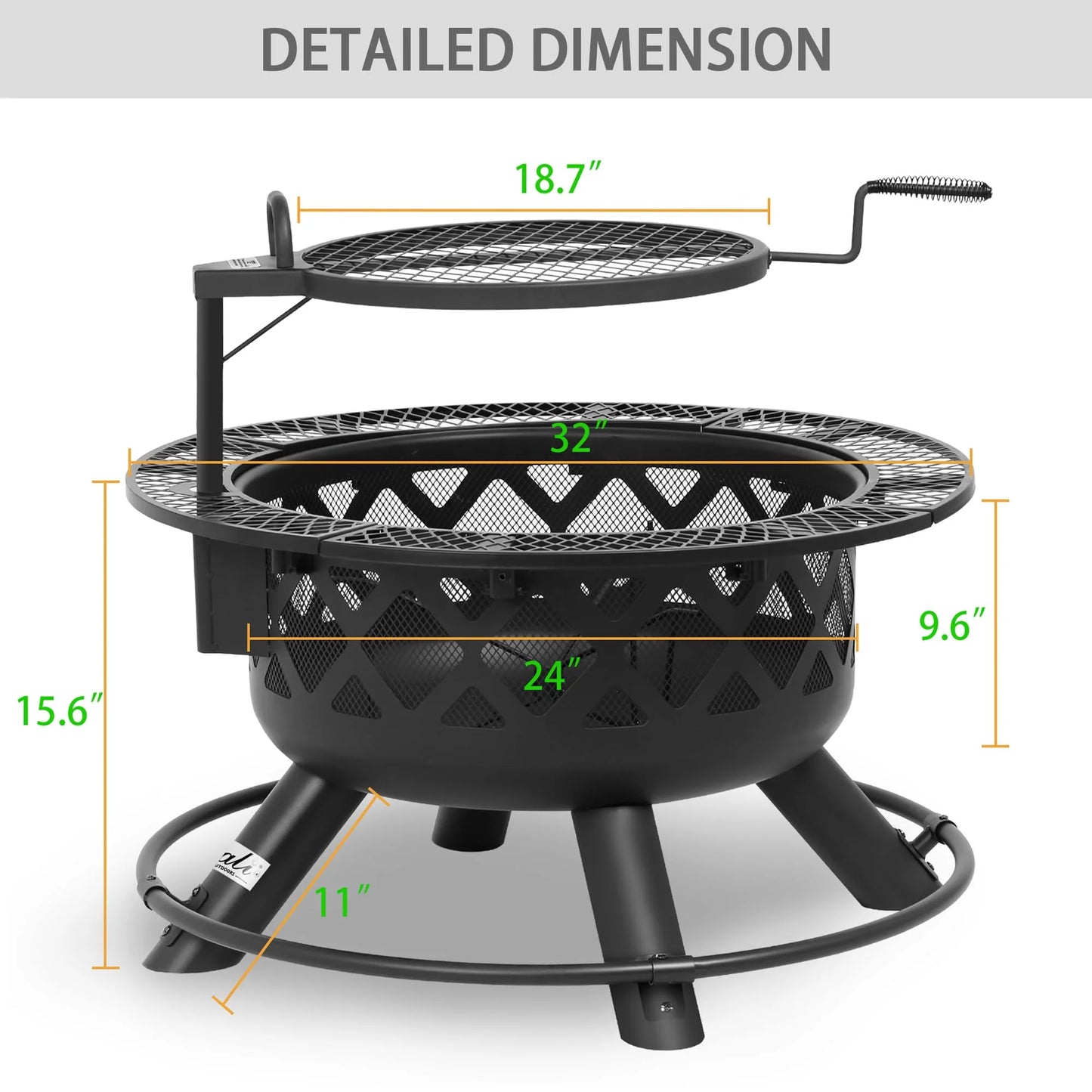 32 Inch Fire Pit with Poker, Wood Burning Fire Pit Patio for outside with Grill
