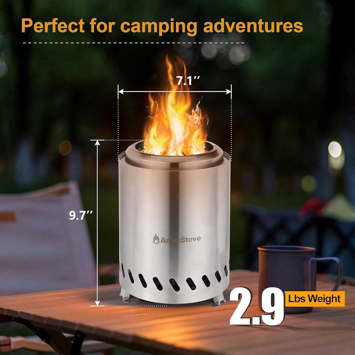 9.7 X 7.1 Inch Tabletop Fire Pit by , Low Smoke Camping Stove for Outdoor Safe Burning Firepits, Fueled Pellets or Wood, Travel Bag Included (Silver, 9.7 X 7.1 INCH)