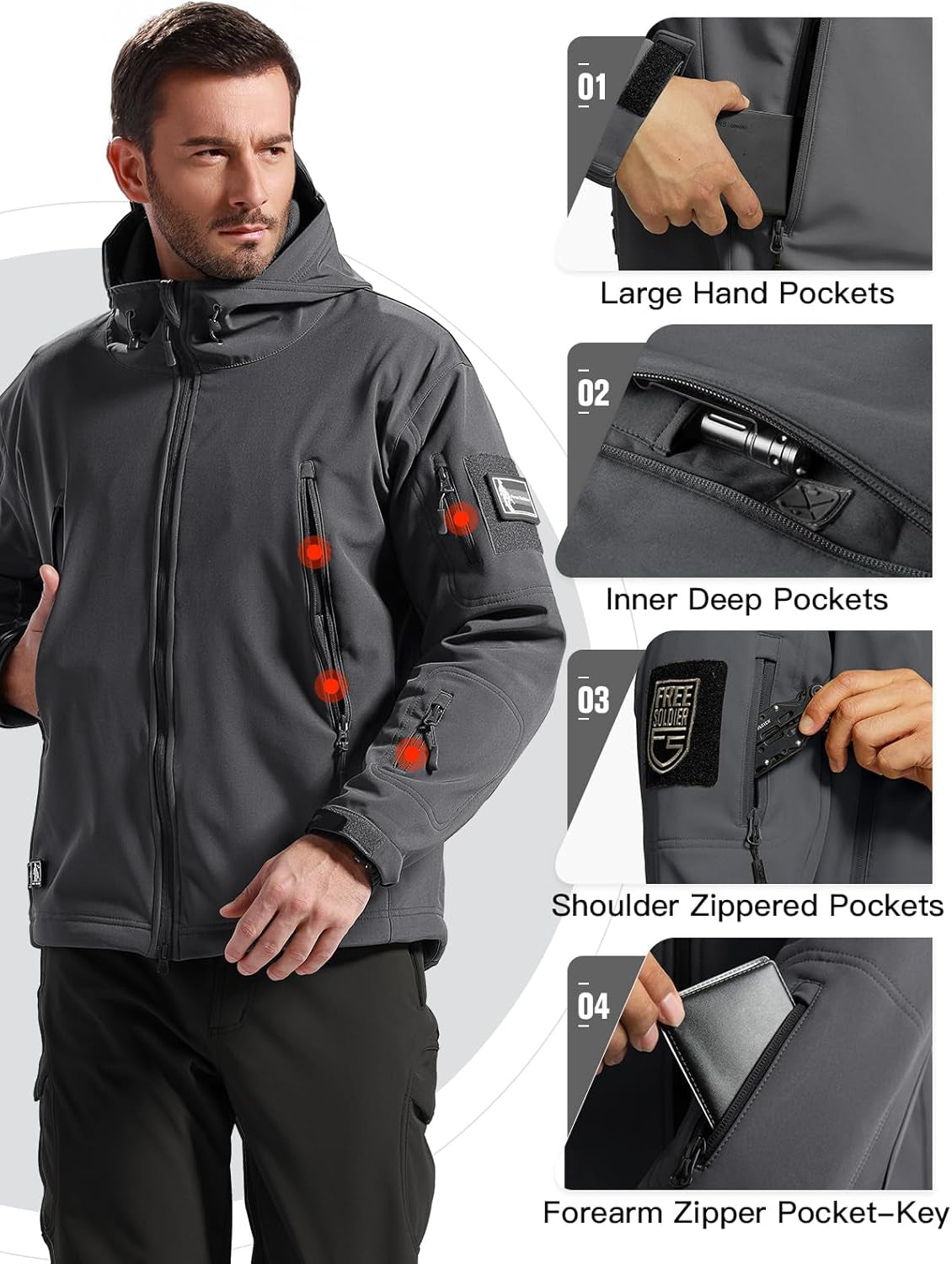 Men'S Outdoor Waterproof Soft Shell Hooded Military Tactical Jacket