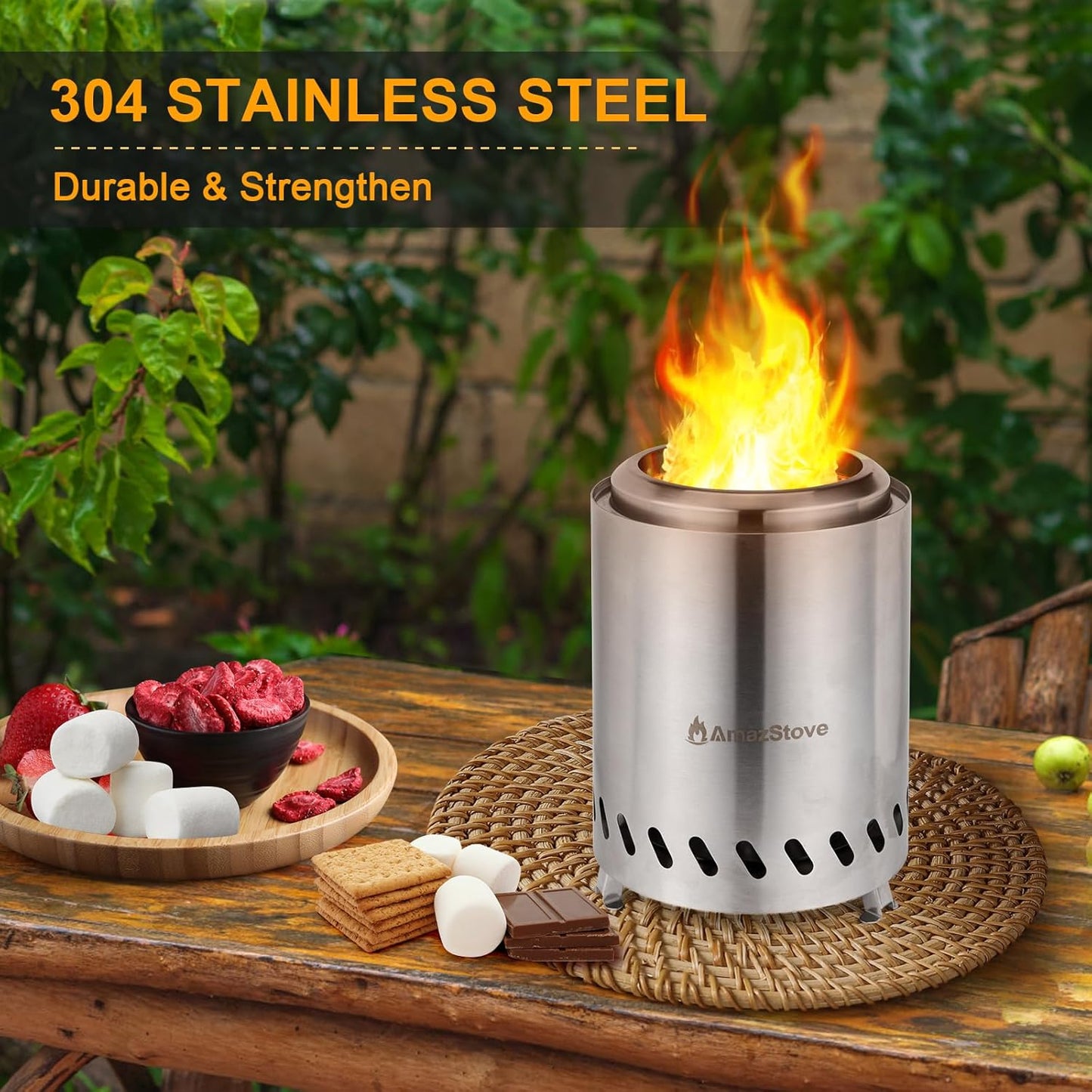 9.7 X 7.1 Inch Tabletop Fire Pit by , Low Smoke Camping Stove for Outdoor Safe Burning Firepits, Fueled Pellets or Wood, Travel Bag Included (Silver, 9.7 X 7.1 INCH)