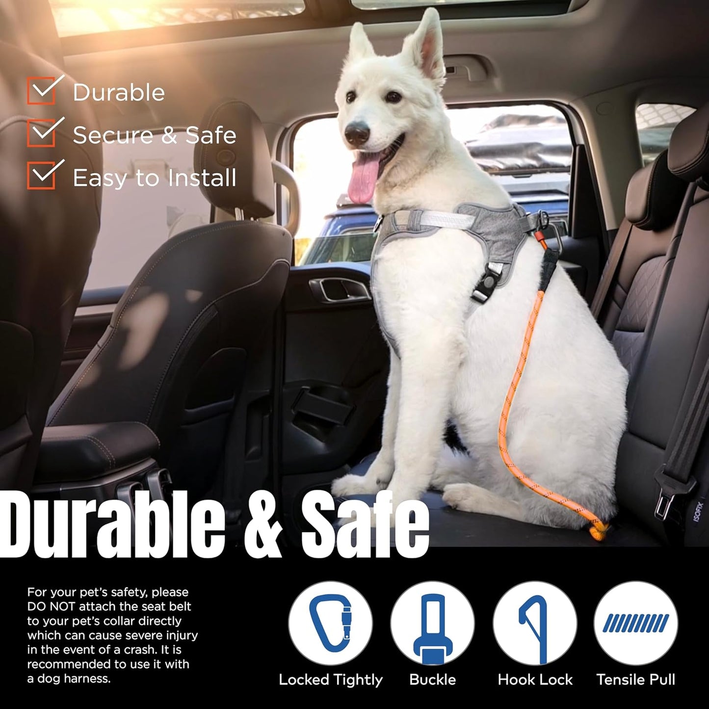 Dog Seat Belt for Car | Universal Dog Car Seatbelt | Durable Reflective Rope with Clip Hook Latch, Buckle and Carabiner- Safe and Secure Pet Safety Restraint (Orange)