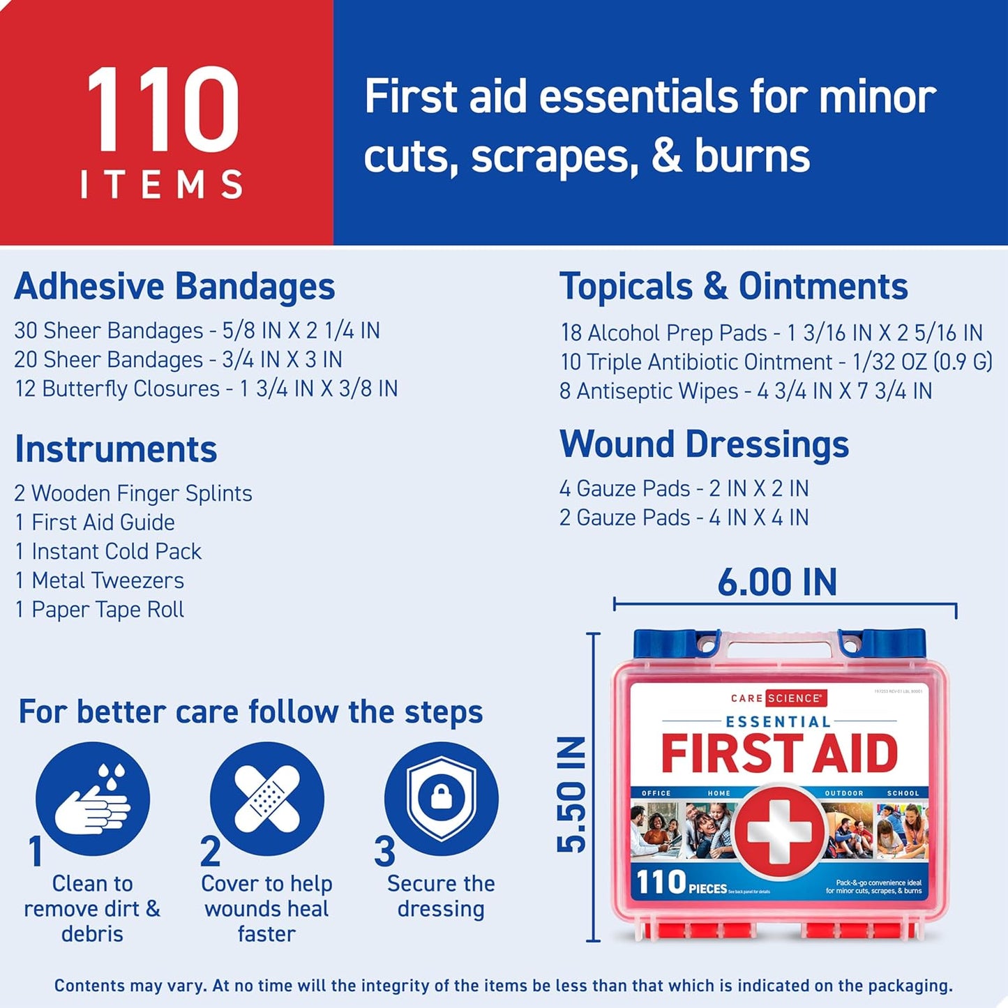 First Aid Kit, 110 Pieces | Professional Use for Travel, Work, School, Home, Car, Emergency, Survival, Camping, Hiking, and More
