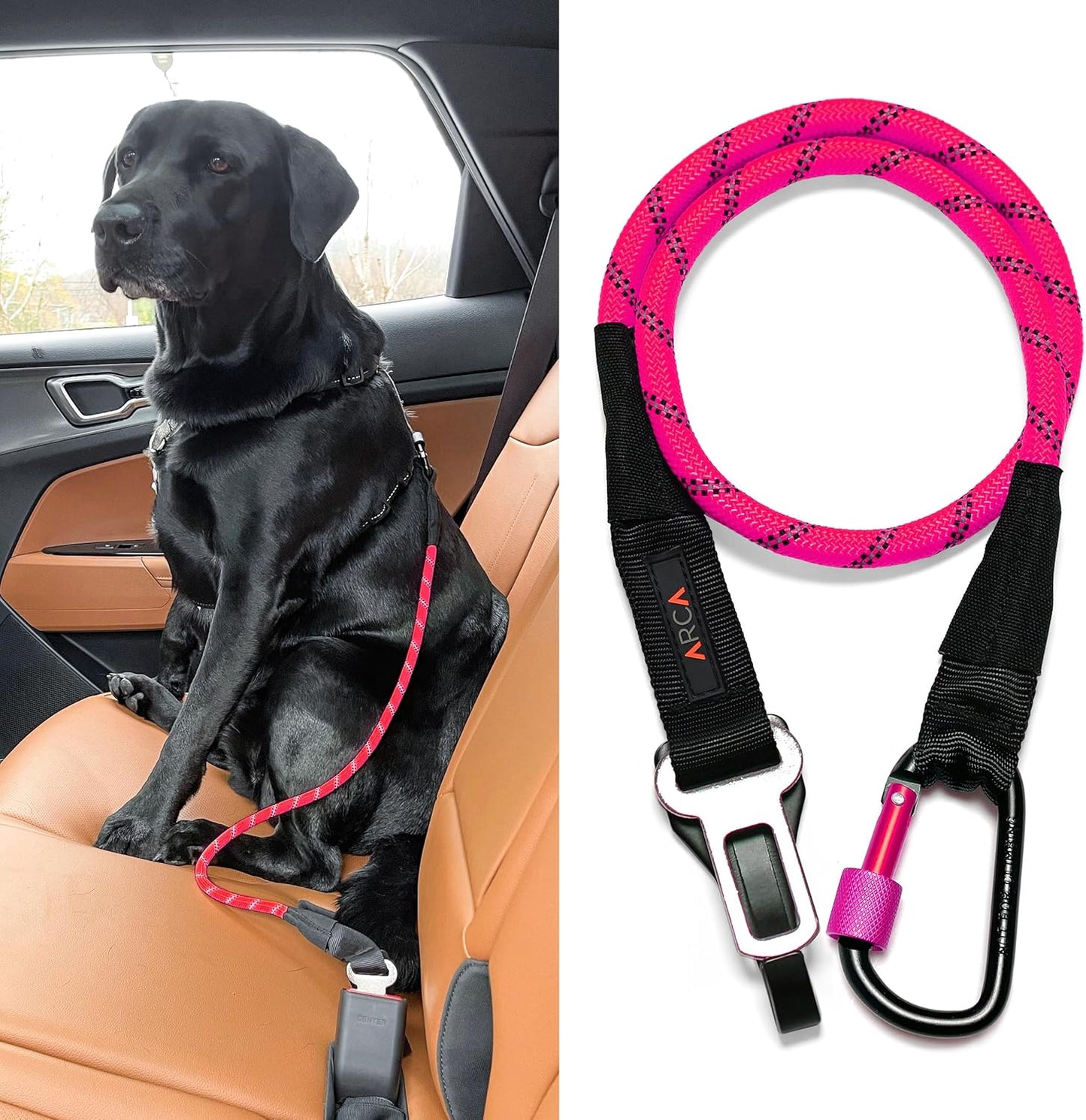 Dog Seat Belt for Car | Universal Dog Car Seatbelt | Durable Reflective Rope with Clip Hook Latch, Buckle and Carabiner- Safe and Secure Pet Safety Restraint (Orange)