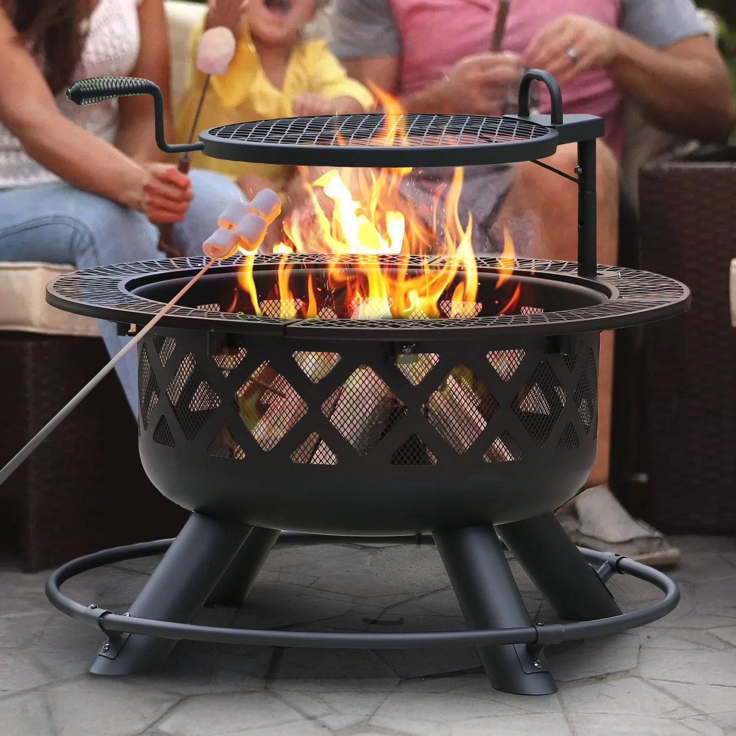 32 Inch Fire Pit with Poker, Wood Burning Fire Pit Patio for outside with Grill