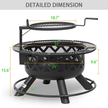32 Inch Fire Pit with Poker, Wood Burning Fire Pit Patio for outside with Grill