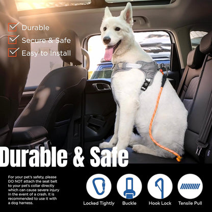 Dog Seat Belt for Car | Universal Dog Car Seatbelt | Durable Reflective Rope with Clip Hook Latch, Buckle and Carabiner- Safe and Secure Pet Safety Restraint (Orange)