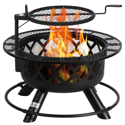 32 Inch Fire Pit with Poker, Wood Burning Fire Pit Patio for outside with Grill