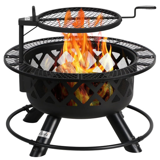 32 Inch Fire Pit with Poker, Wood Burning Fire Pit Patio for outside with Grill