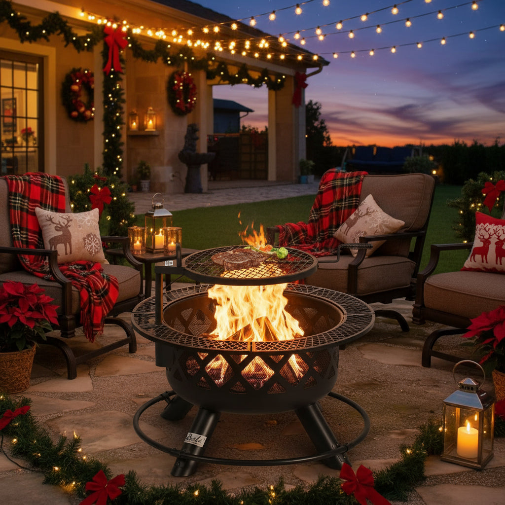 32 Inch Fire Pit with Poker, Wood Burning Fire Pit Patio for outside with Grill