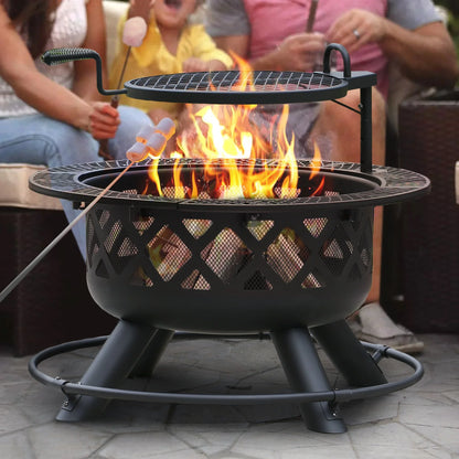 32 Inch Fire Pit with Poker, Wood Burning Fire Pit Patio for outside with Grill
